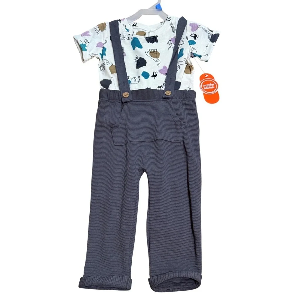 NWT Wonder Nation Baby Boys 24M 2Pcs Outfit Animal‎ AOP Shirt & Suspender Pants